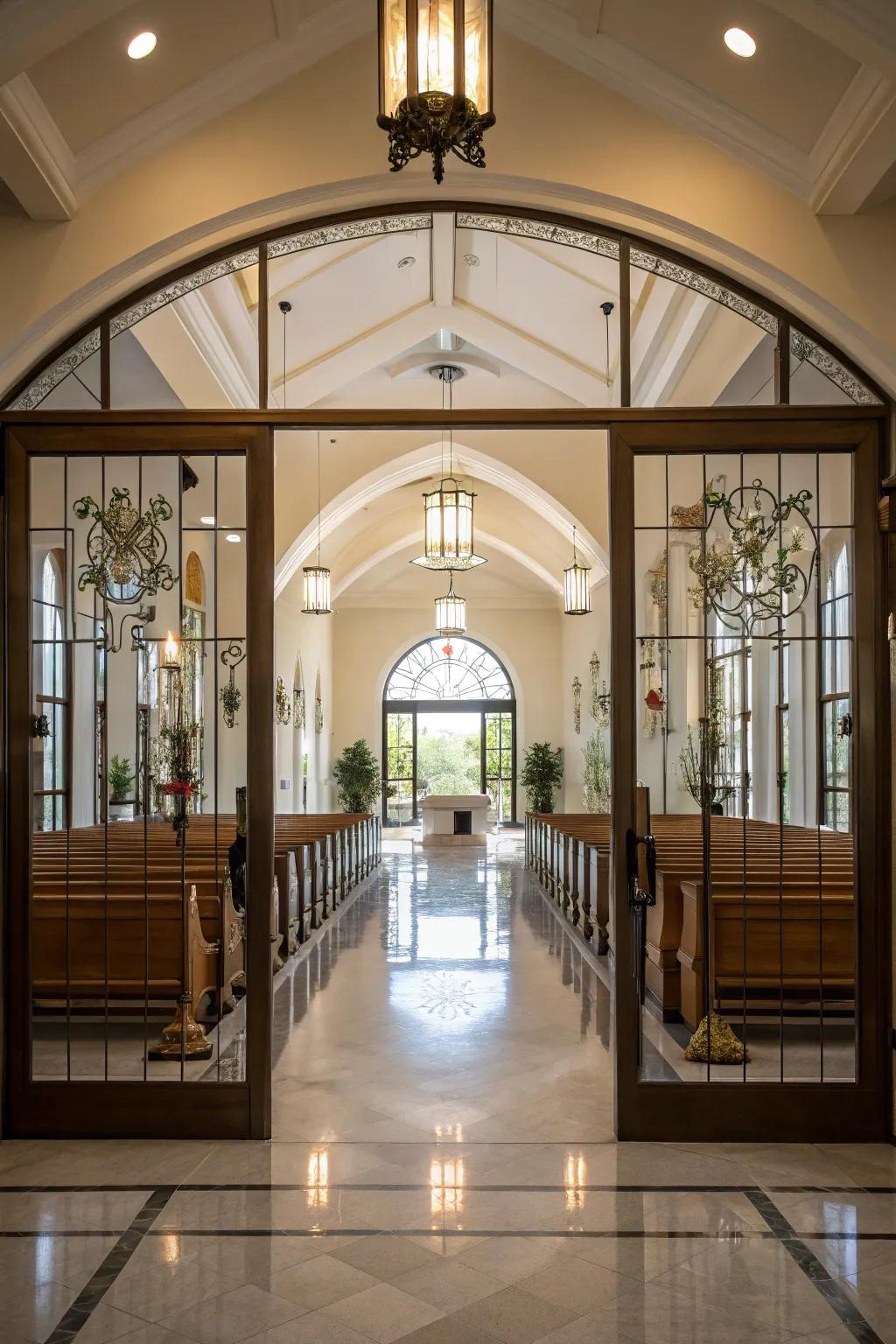 Glass elements in the church foyer create an open, connected atmosphere.