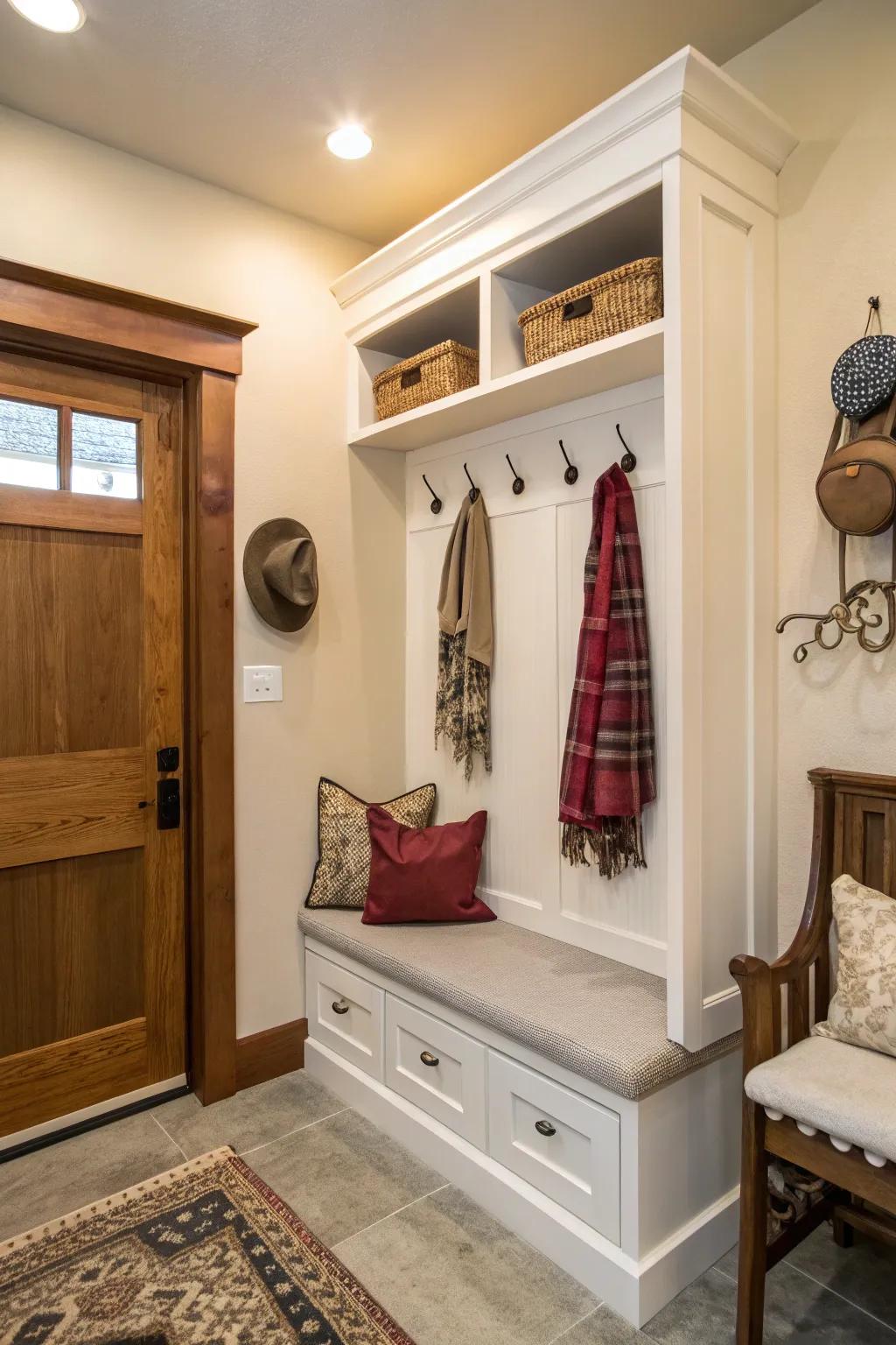 A practical niche with seating and supports for everyday ease.