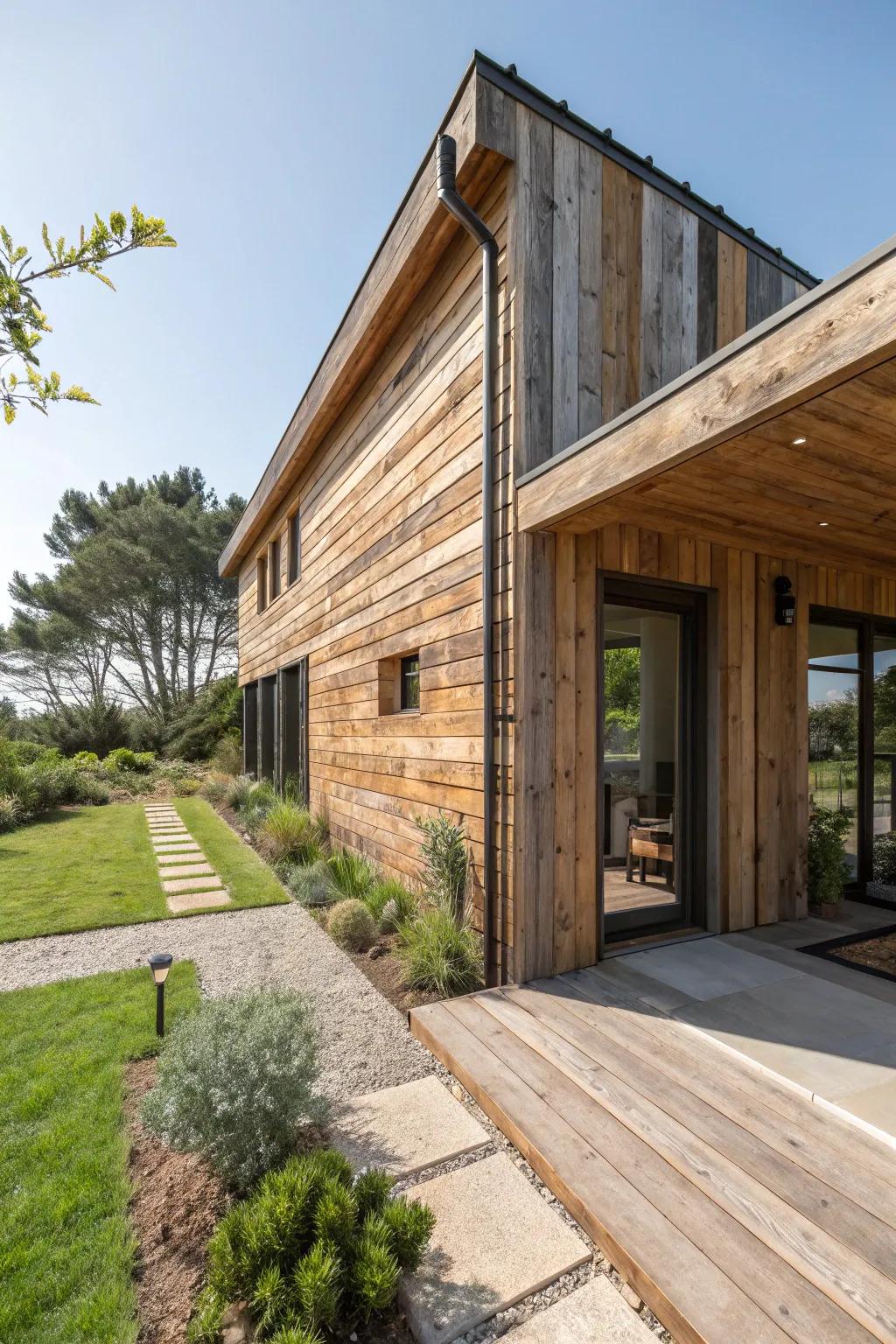 A house exterior featuring sustainable materials such as reclaimed wood.