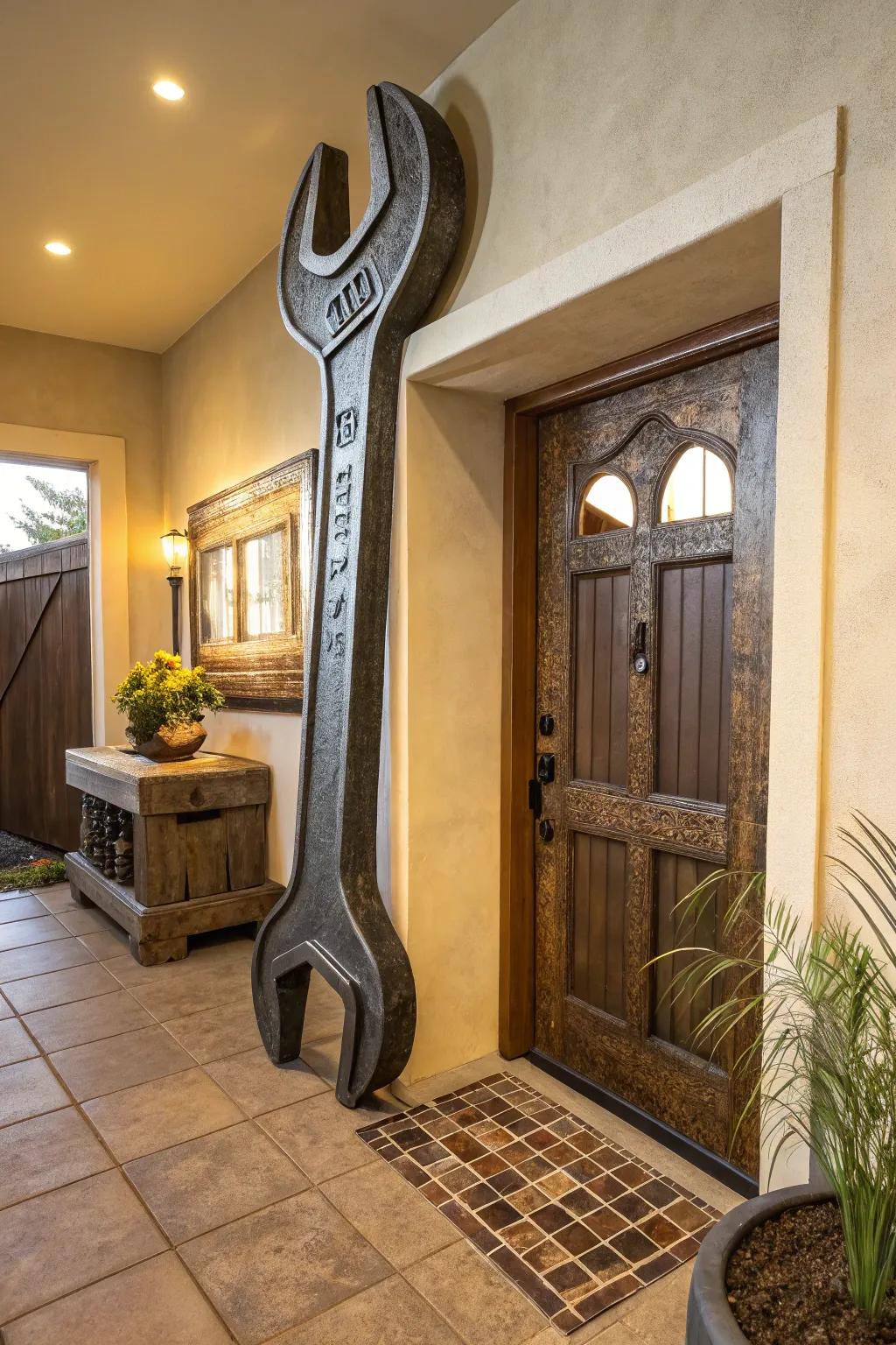 A striking home entrance spotlighting a 3D sculpted brand.