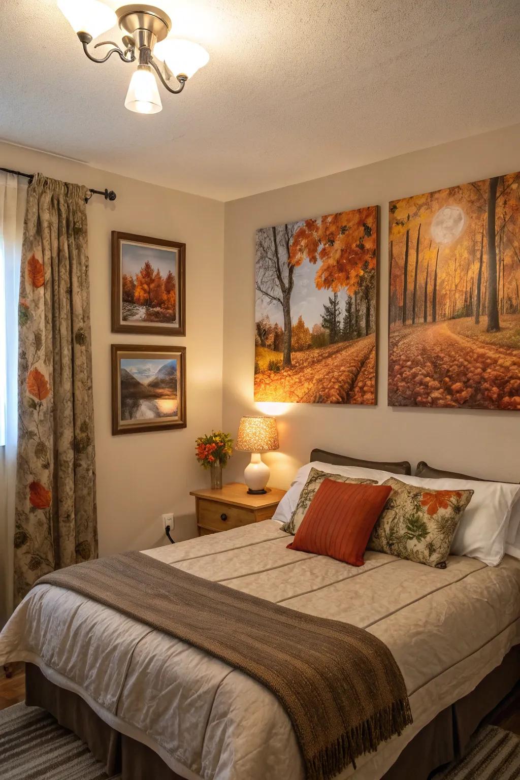 Autumnal artwork imparts seasonal splendor to your bedroom.