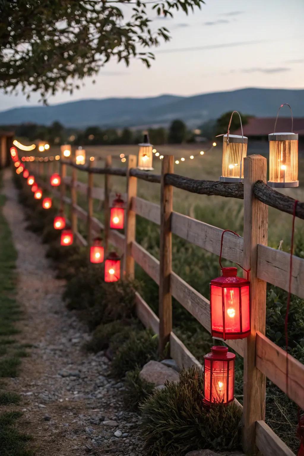 Lanterns casting a gentle glow enhance the ambiance of a fence.