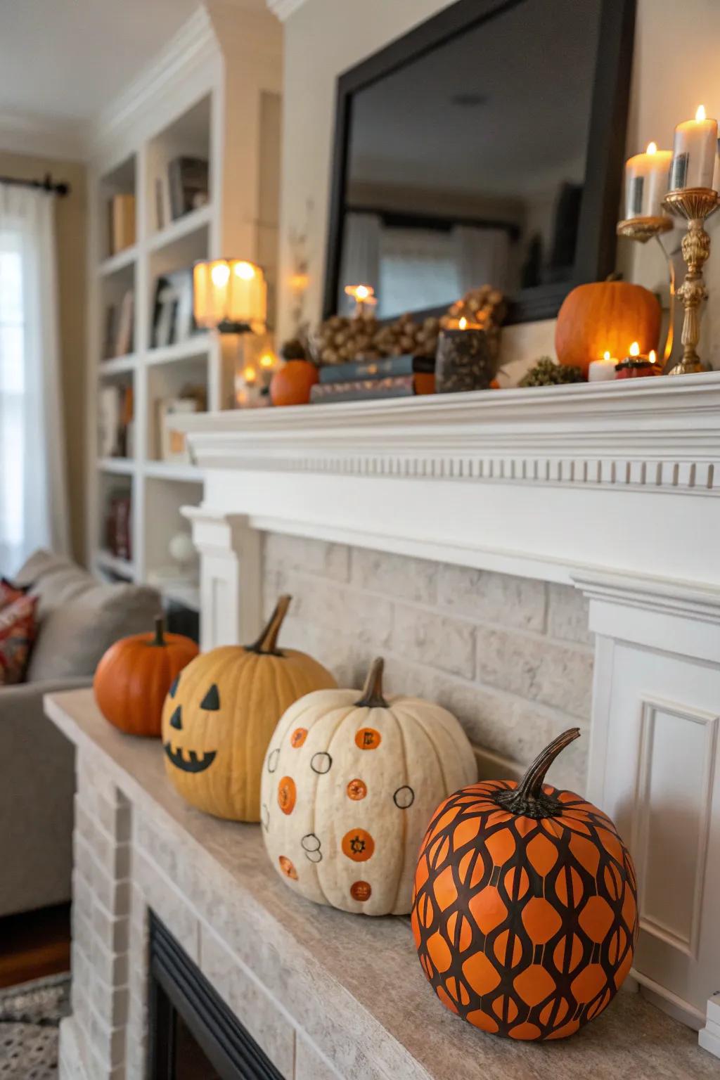 A fall mantel with creatively embellished squashes.