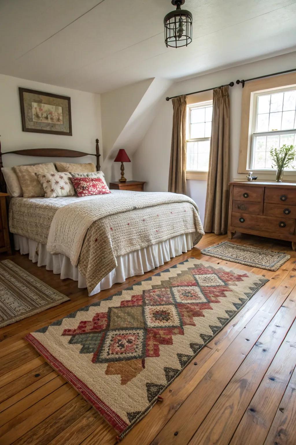 Graded rugs contribute to a cozy and textured sensation.