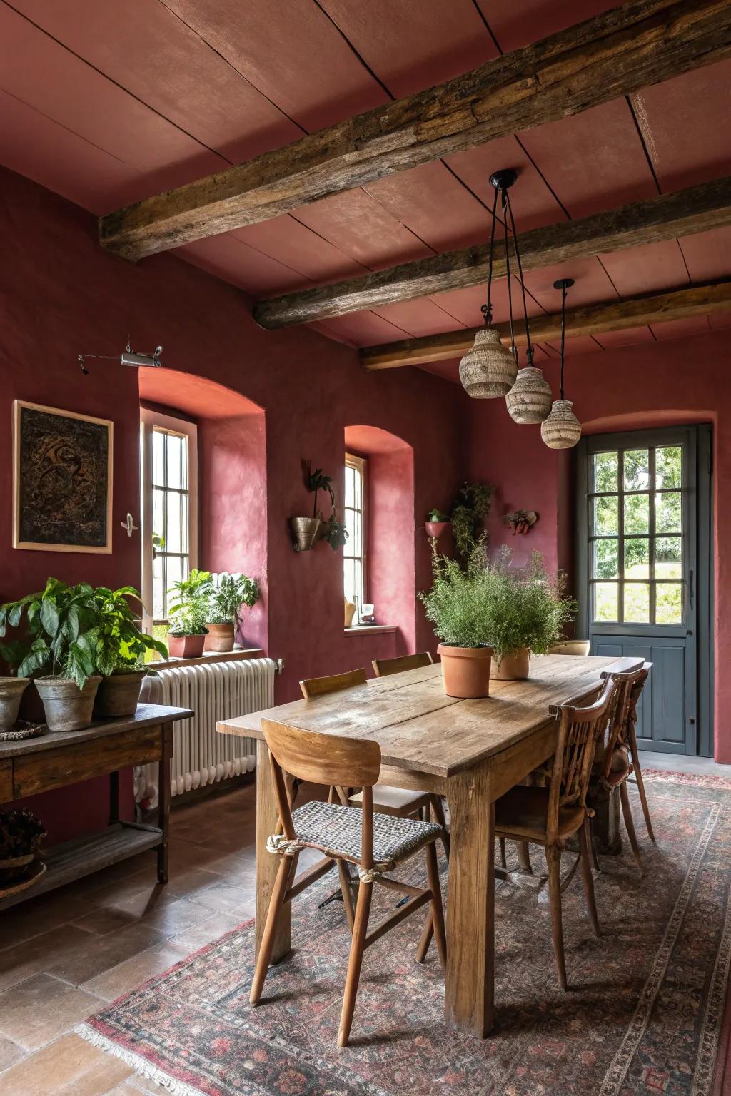 Monochrome painting creates a dramatic effect in this farmhouse eating space.