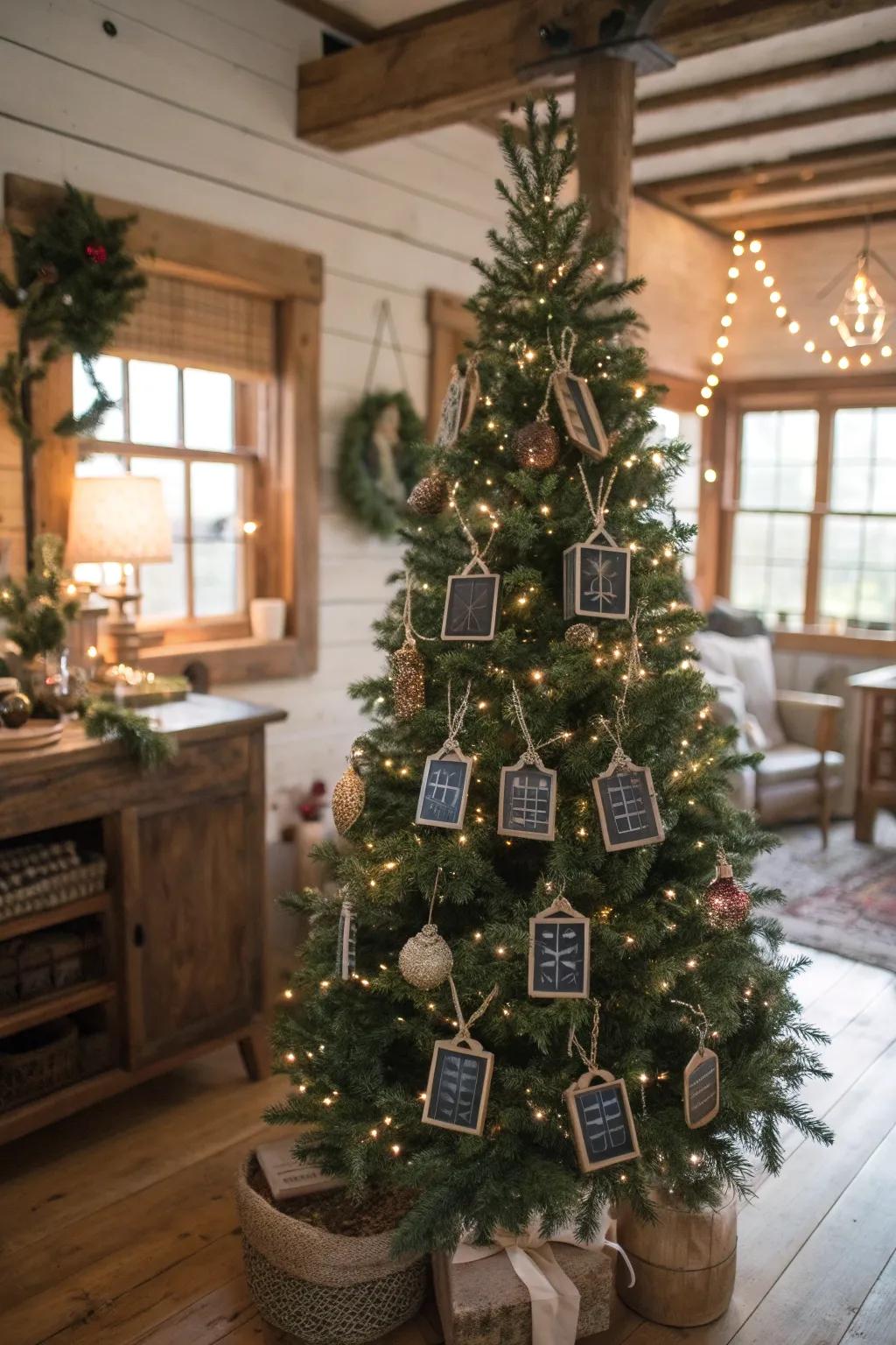 Chalkboard baubles contribute a customizable element to this tree.