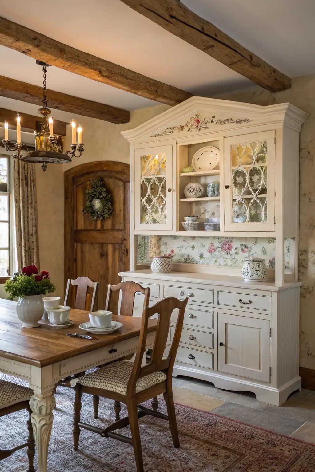 A charming hutch exhibits china and infuses distinction to this farmhouse dining space.