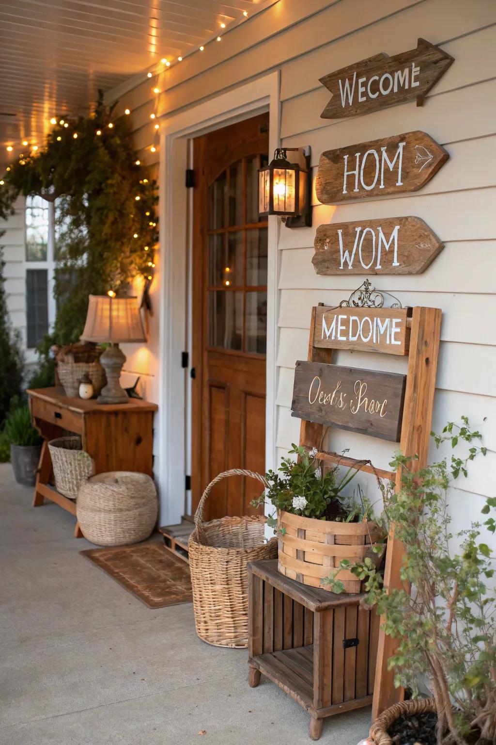 A welcoming farmhouse entryway adorned with charming wooden signs.