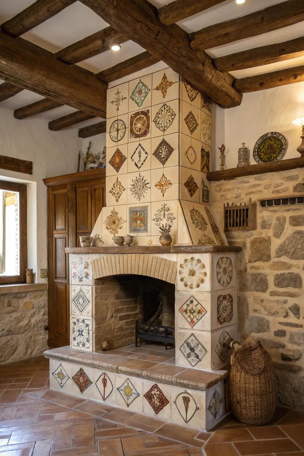Tile designs bring character to a farmhouse fireplace.
