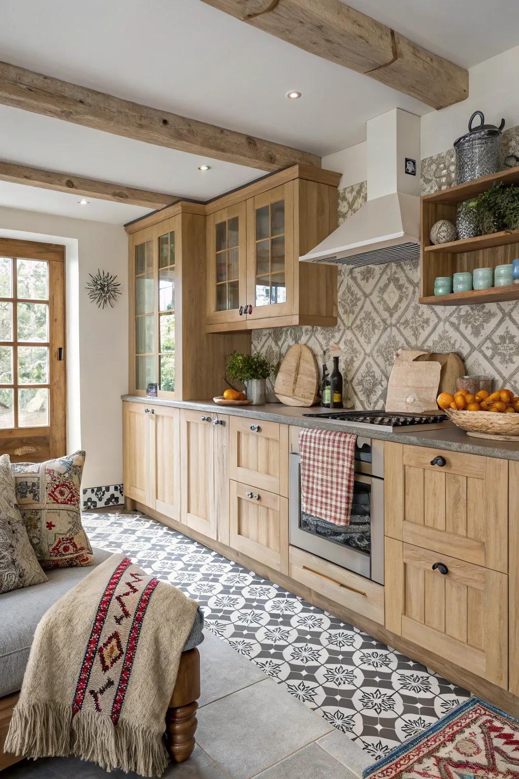 Patterns include an spirited touch to a cooking area with pale timber fittings.