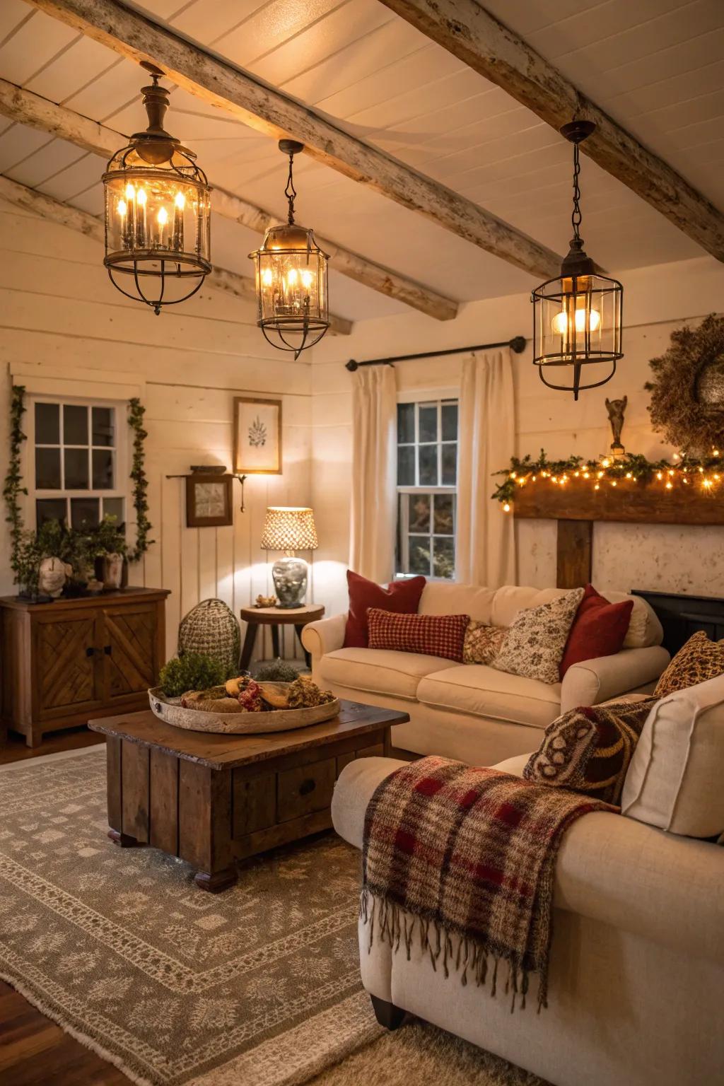 Vintage lighting casts a warm, nostalgic glow in this farmhouse living area.