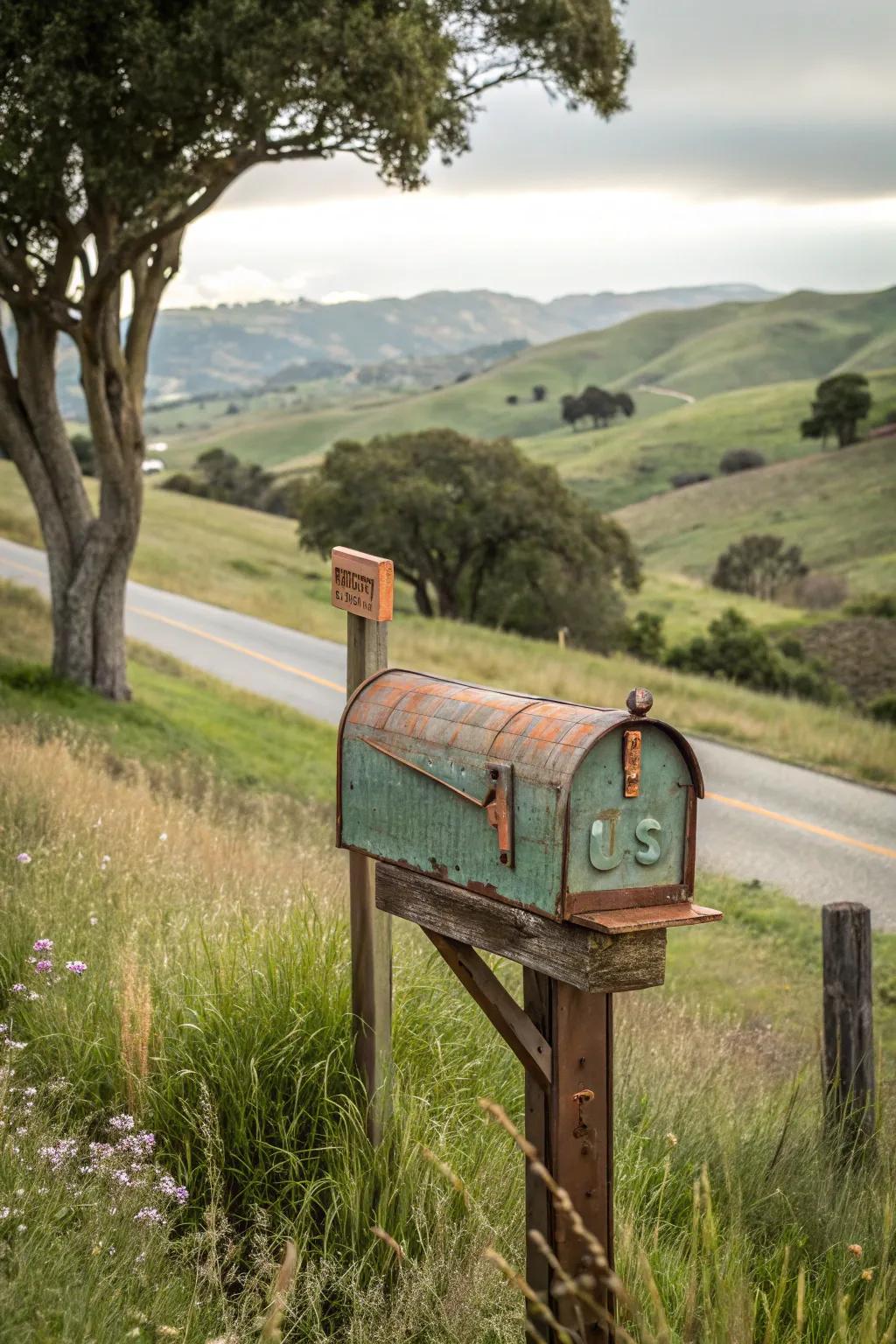 Brass accents add a warm, luxurious touch to this farmhouse mailbox.