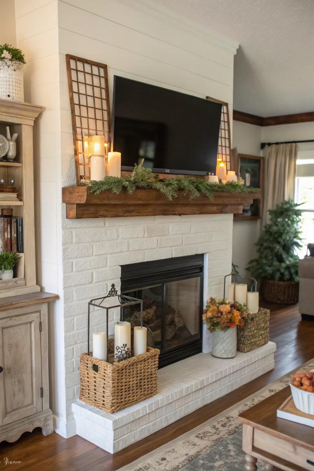 A farmhouse mantel beneath a TV, creatively styled with an uneven d&eacute;cor layout.