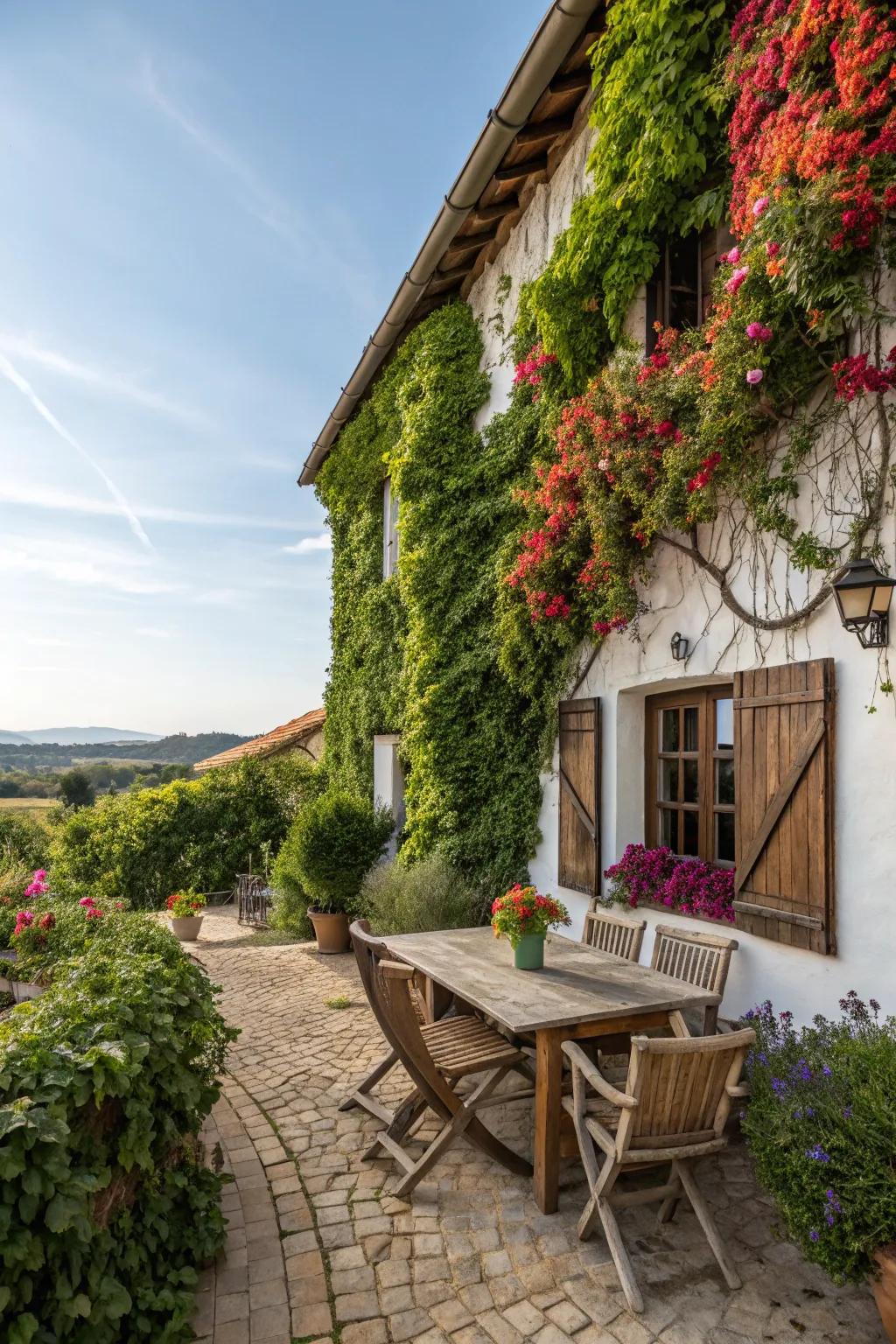 A living wall adds vertical greenery to a farmhouse patio.