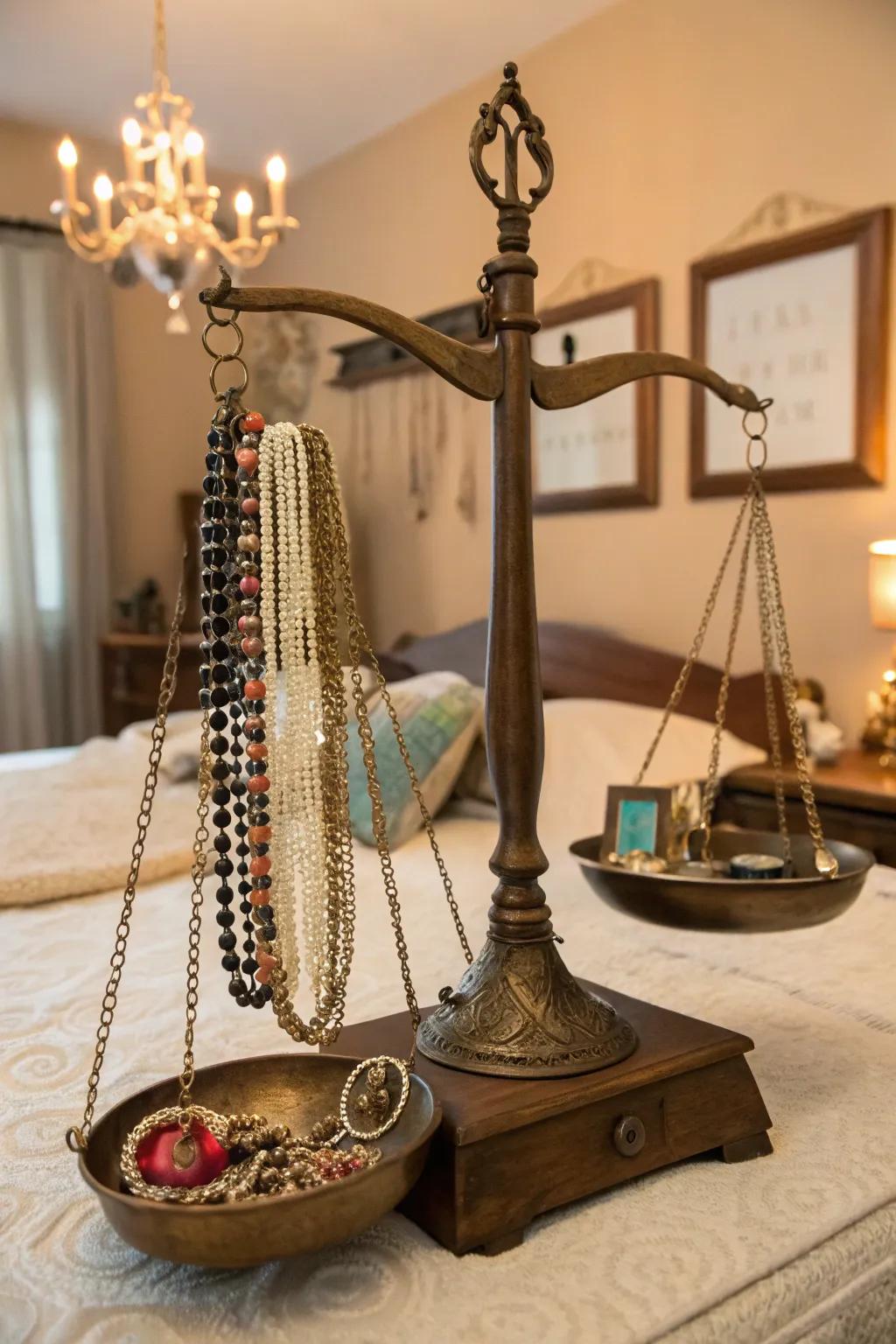 A jewelry stand using a retro scale.