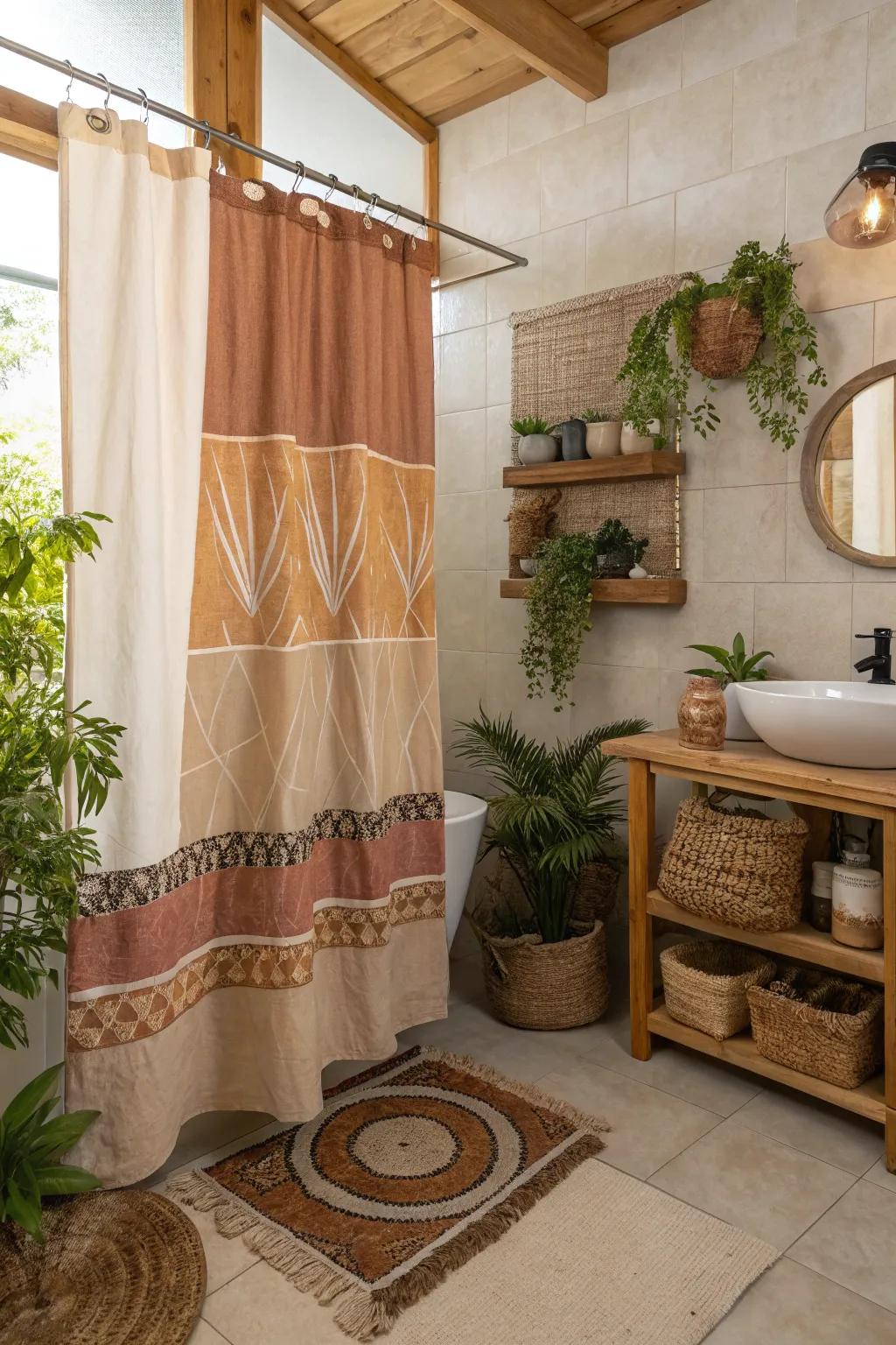 A bathroom with a ground color shower curtain and natural decor aspects.