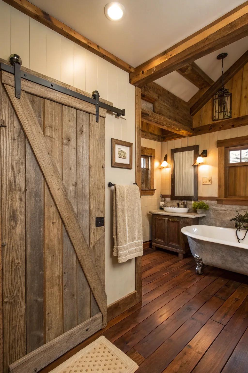 A sliding barn door enhances farmhouse style and saves space.