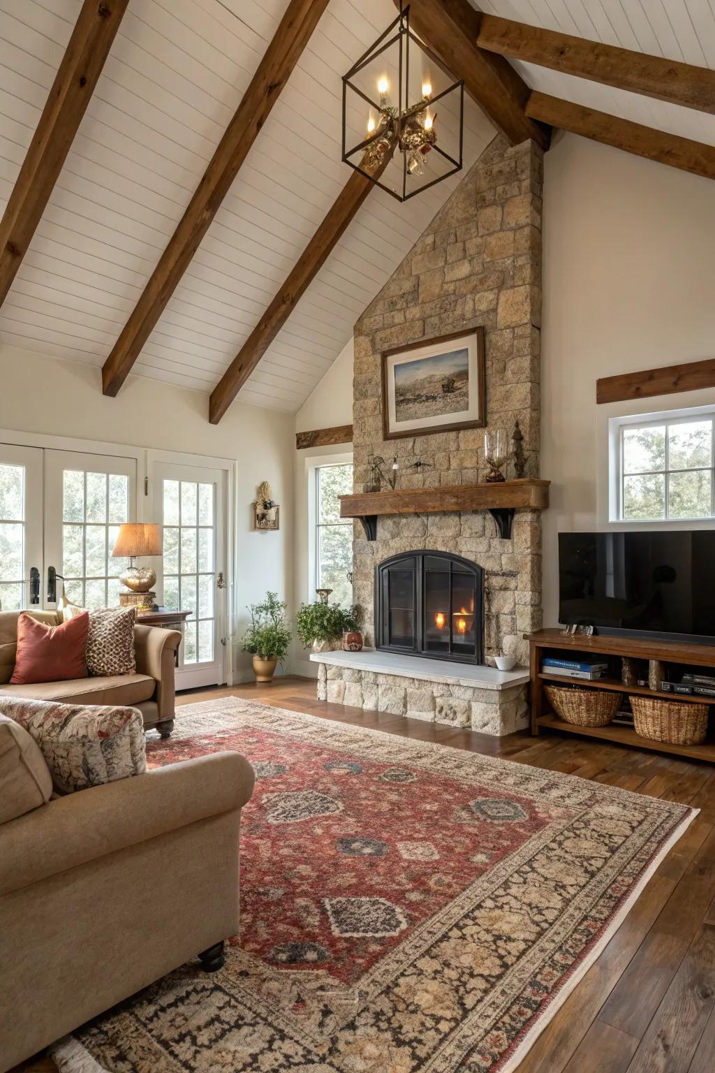 Layered ground coverings add warmth to a farmhouse living space.