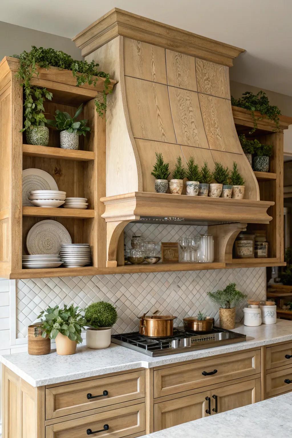 Open shelves integrated with a ventilator add charm and functionality.