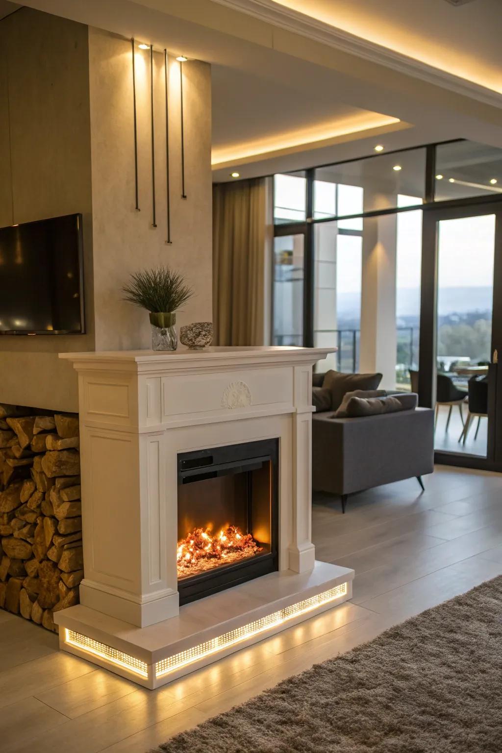 A show fireplace that shows off warm LED lights.