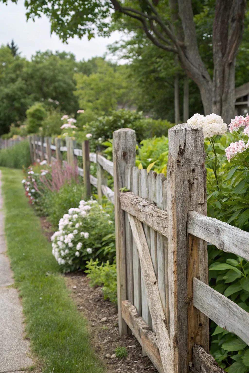 Reclaimed lumber fences convey rustic charm to your garden.