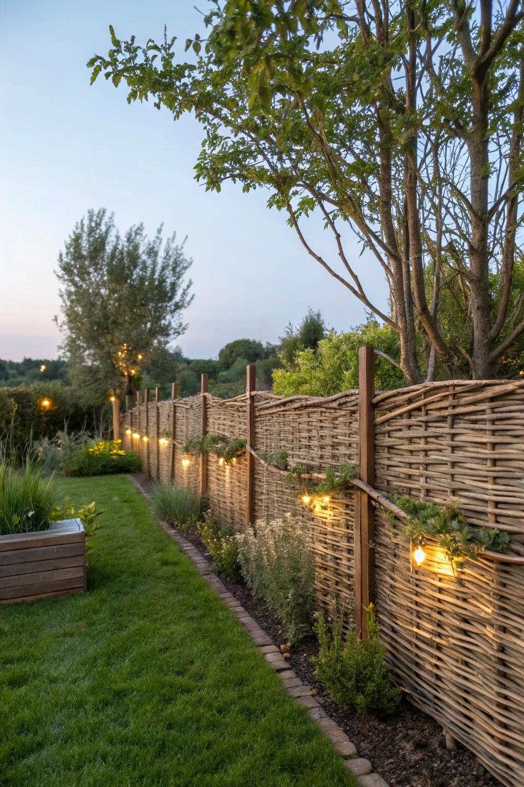 Interwoven wicker edging exudes rustic sophistication and appeal.