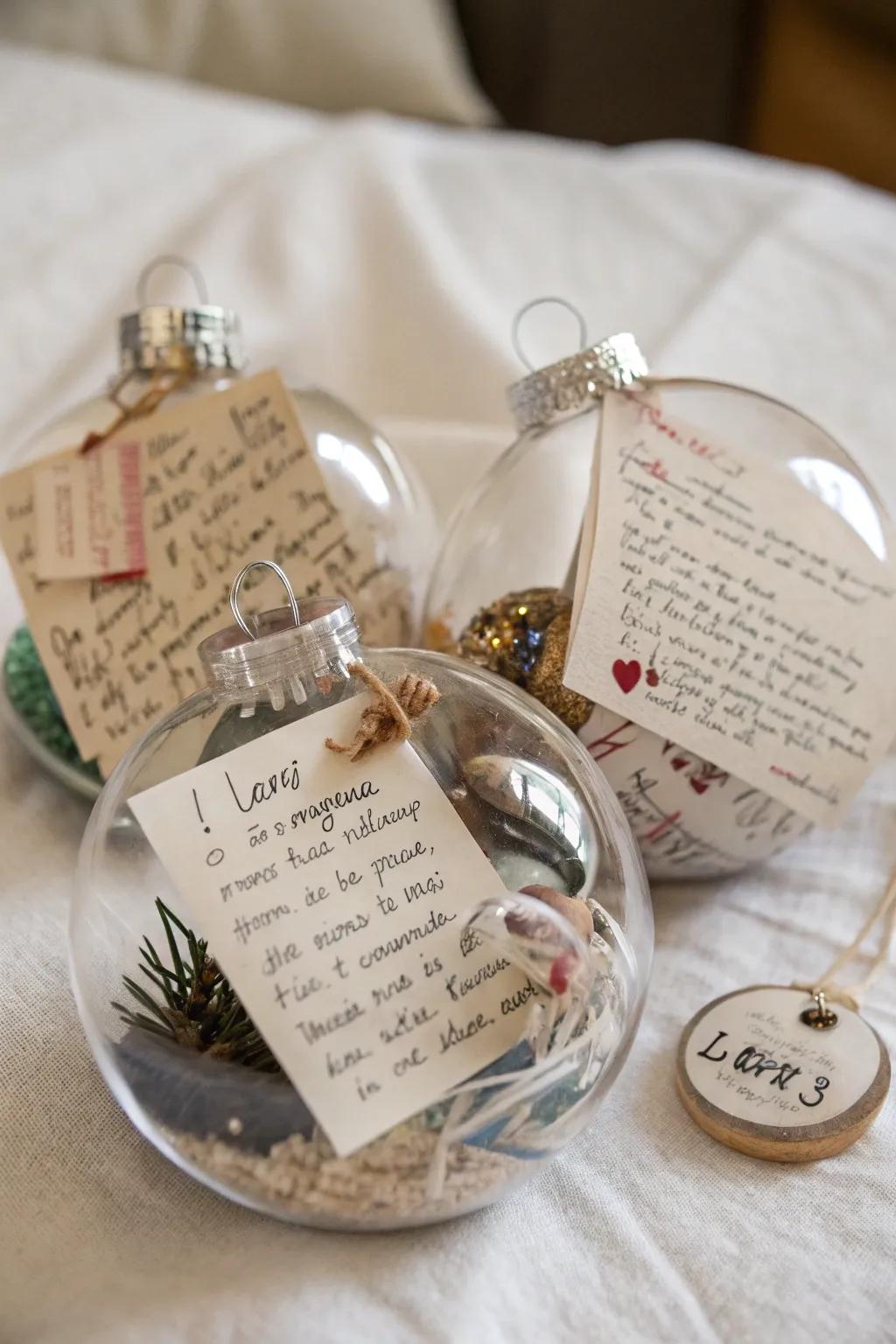 Time capsule ornaments filled with notes and trinkets.
