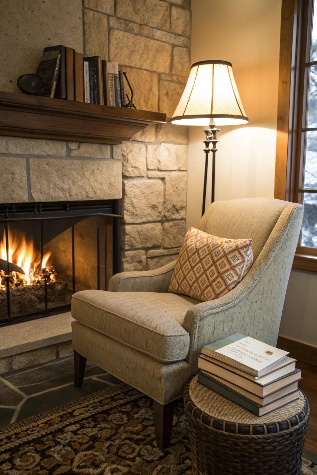 An inviting personal spot beside a fireplace, ideal for relaxing with a book.