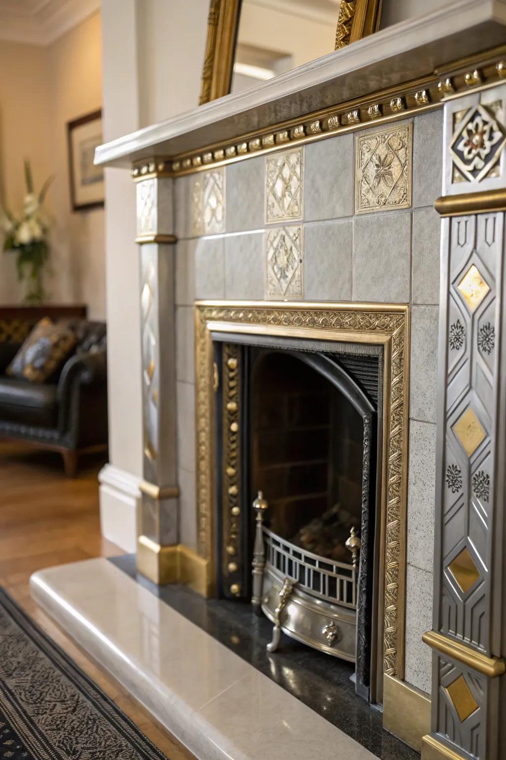 Polished accents inject allure and elegance into the fireplace.