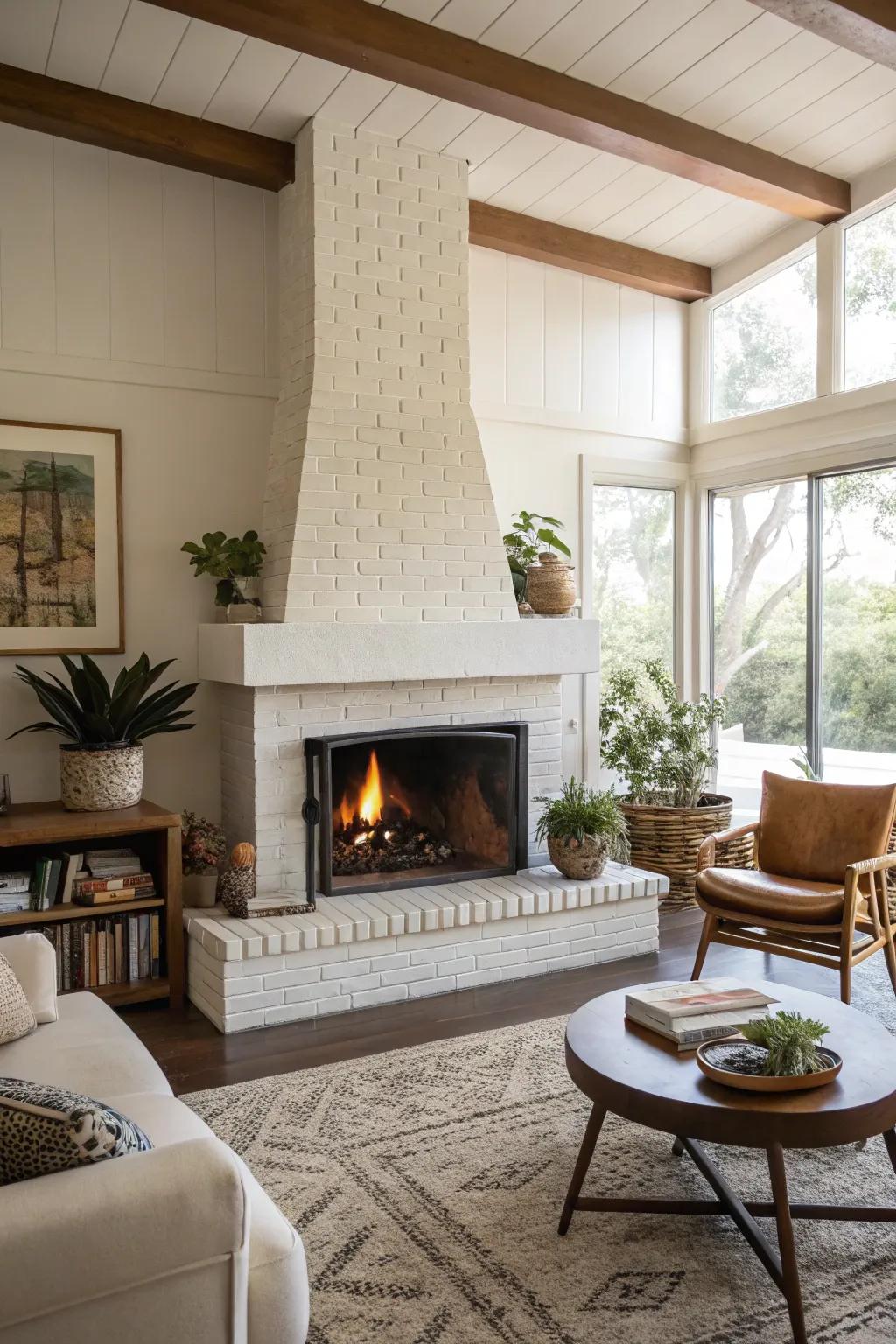 A sleek mid-century modern living space featuring a minimal central fireplace.