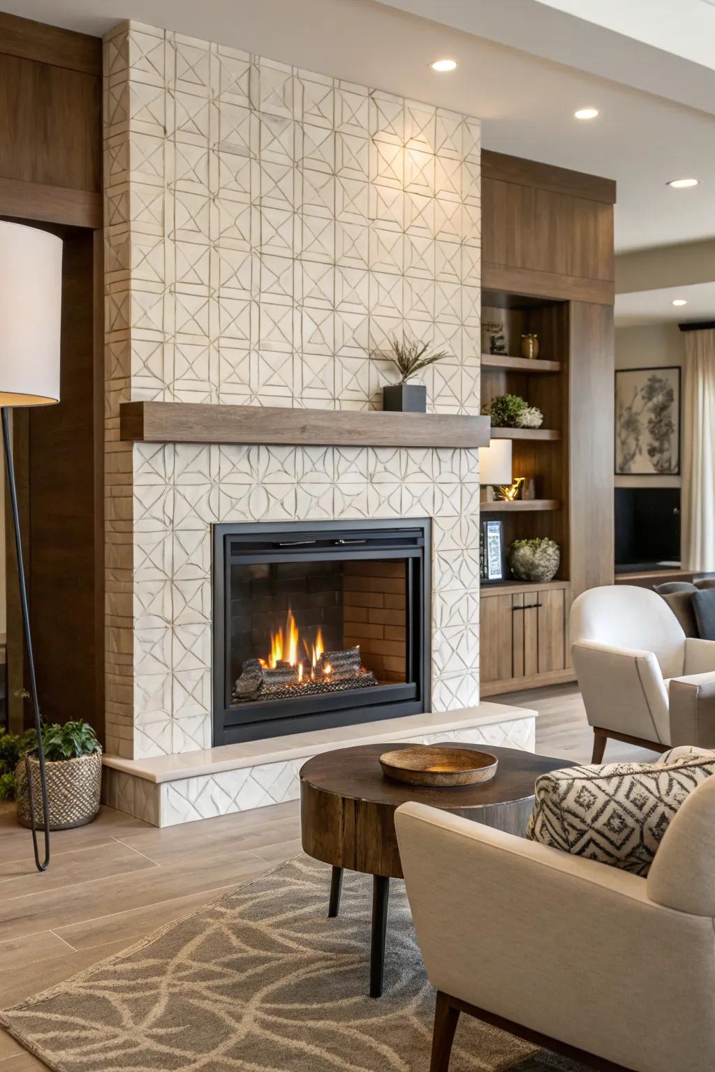 Textured tiling enhances the visual interest of this fireplace.