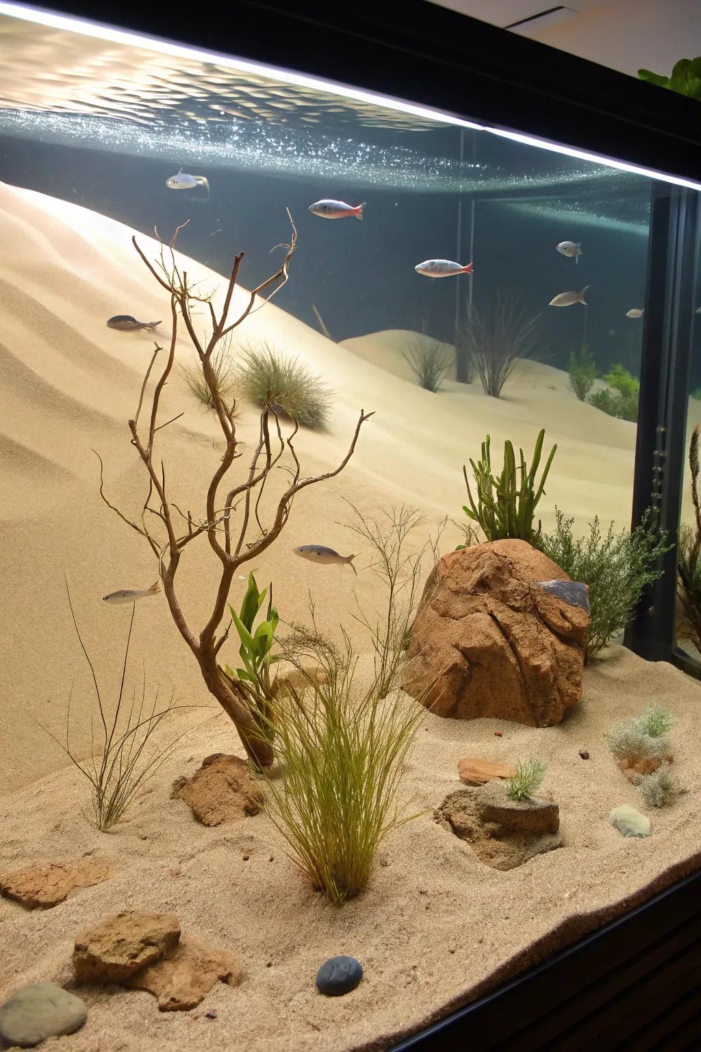 Transform your aquarium into a striking desert oasis with sandy landscapes.