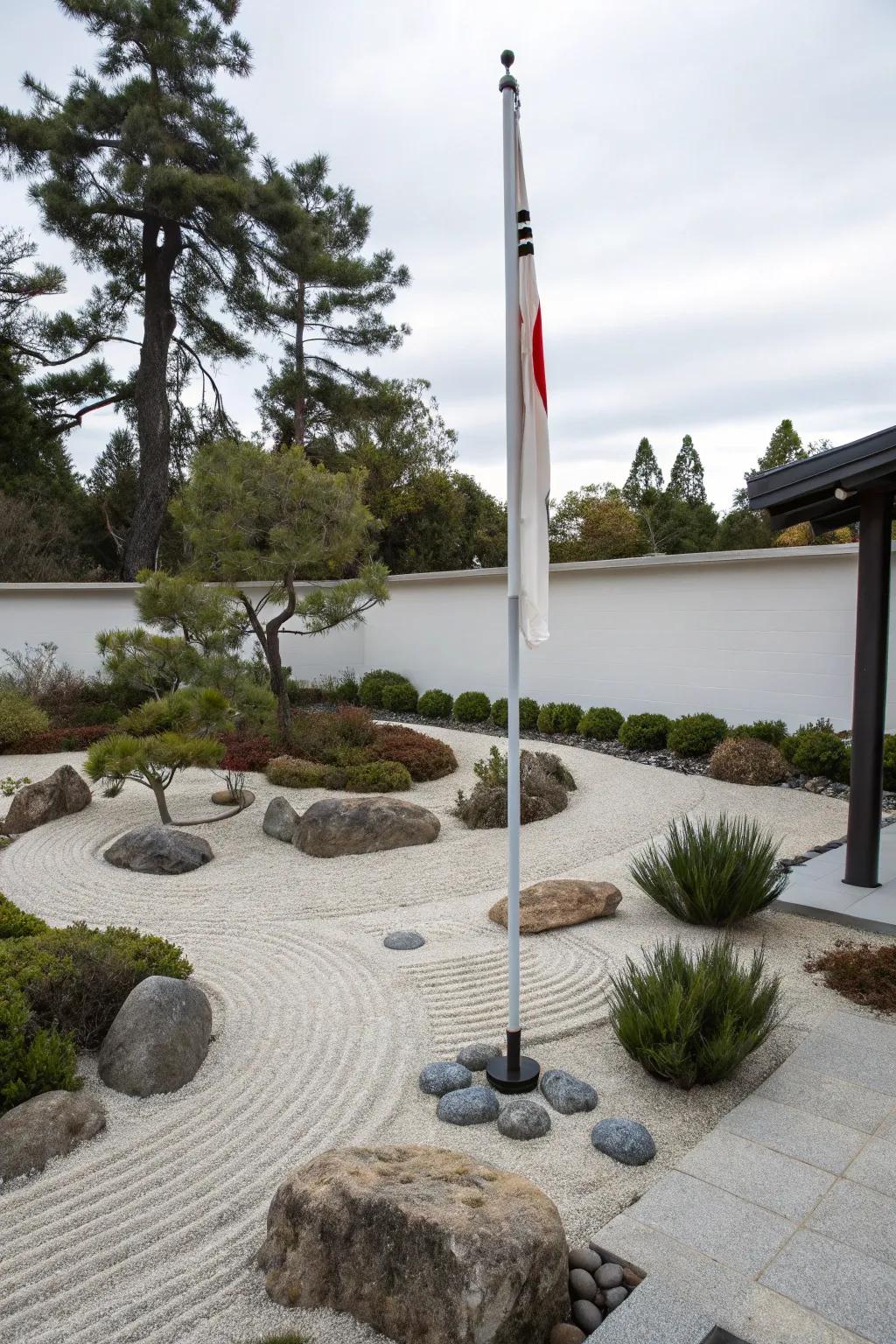 A Peace garden offers a tranquil space around a flagpole.