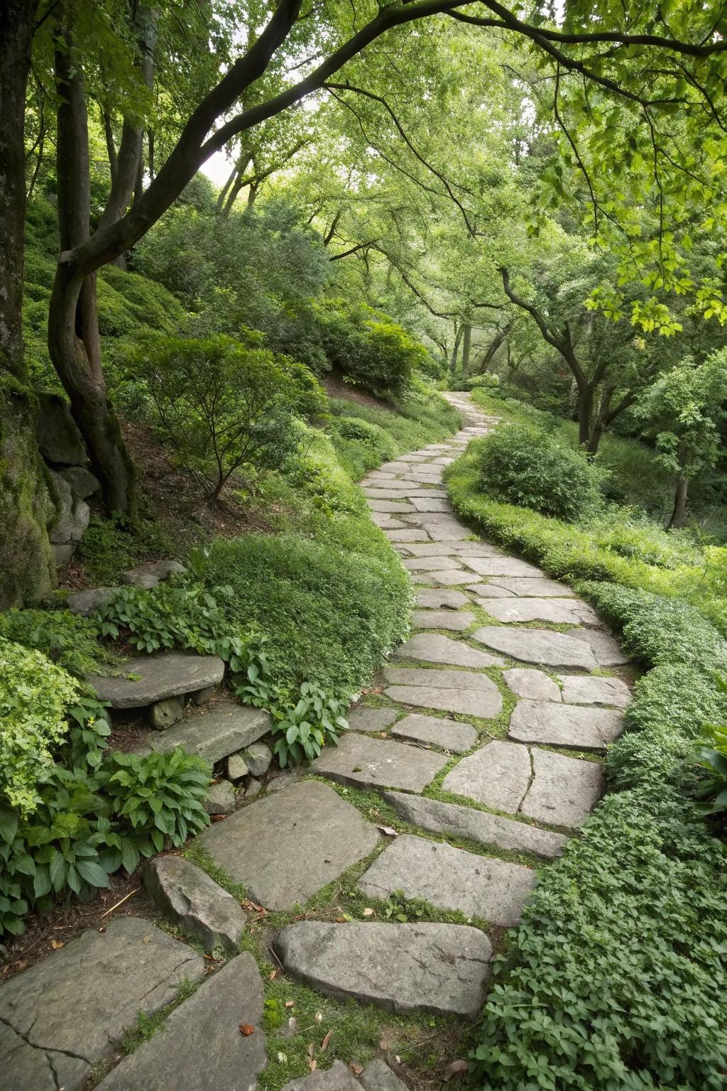 An organically assimilated paving stone pathway that complements its surroundings.