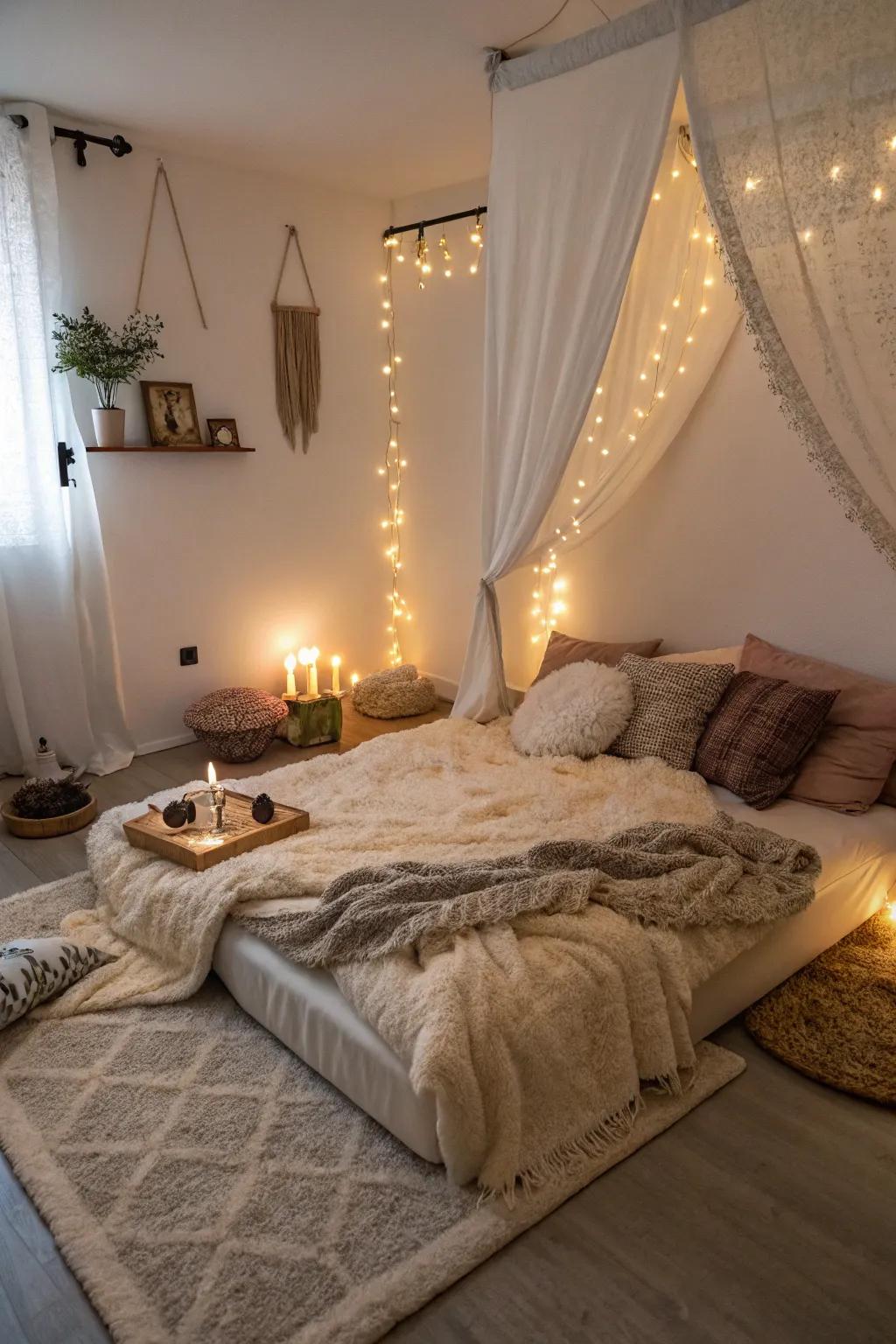 Luxurious fabrics elevate the comfort of a simple floor bed.