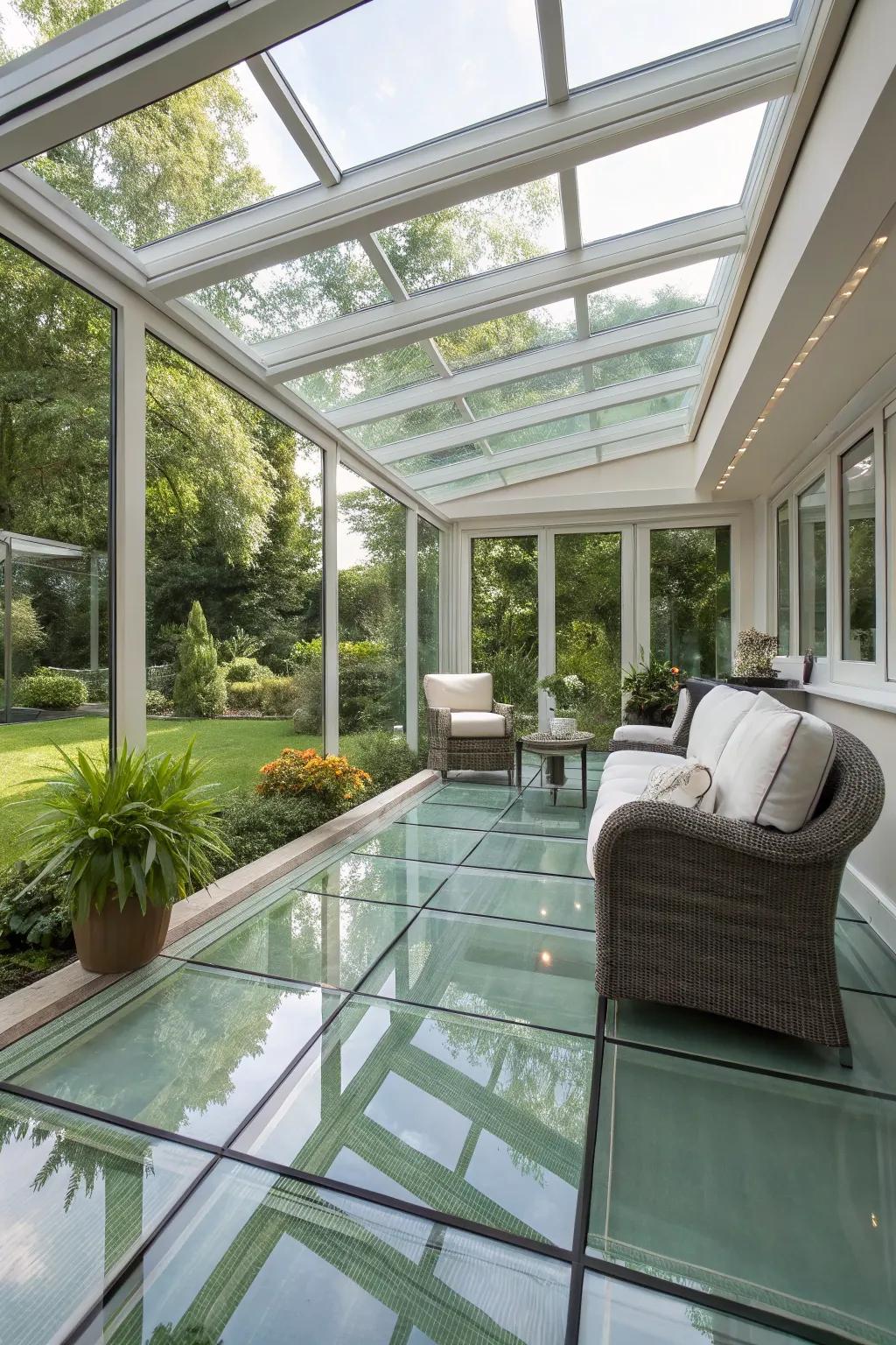 Unique sunroom featuring vitreous flooring and garden vista.