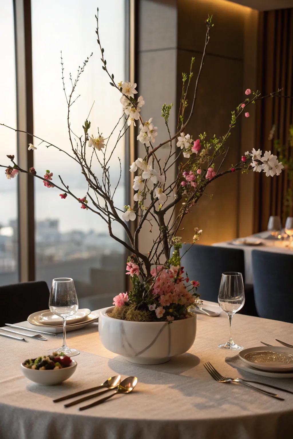 Minimalist Ikebana floral arrangement, offering a tranquil and artistic touch.