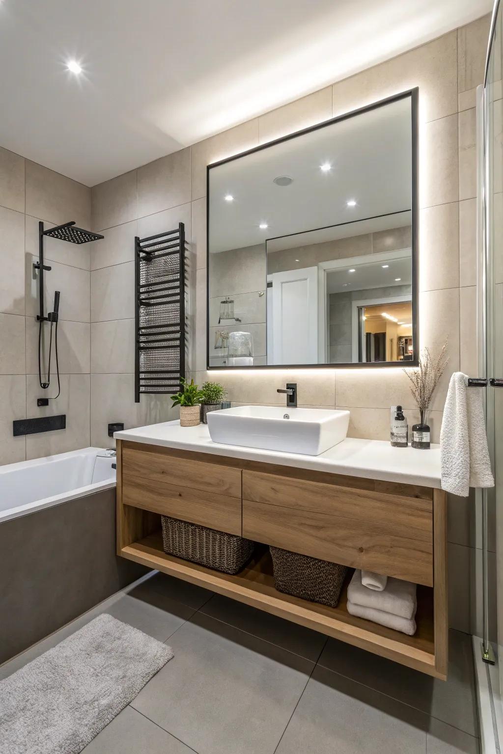 Drifting vanities fashion a modern and spacious feel.