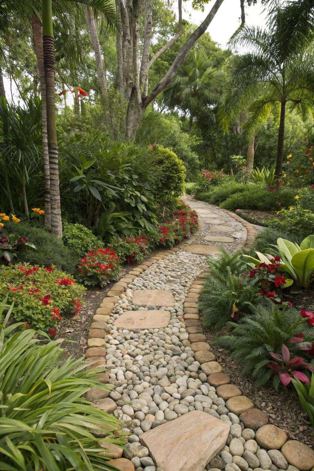 Stones and pebbles add a decorative element to walkways and borders.