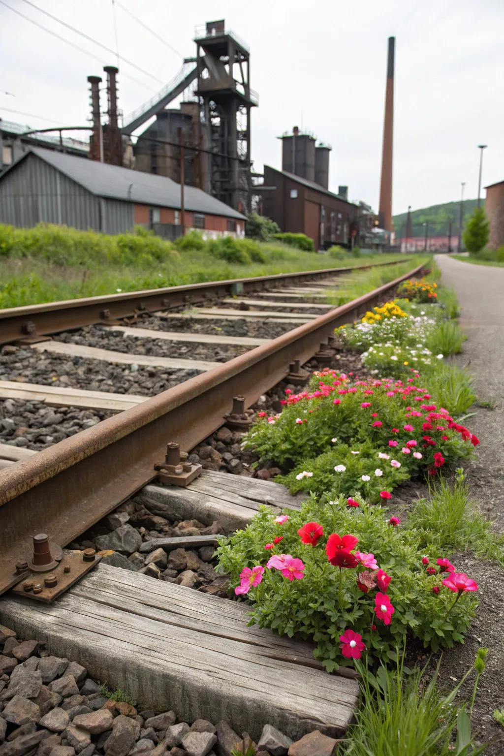 Railroad ties offer a robust and industrial border for the flower bed.