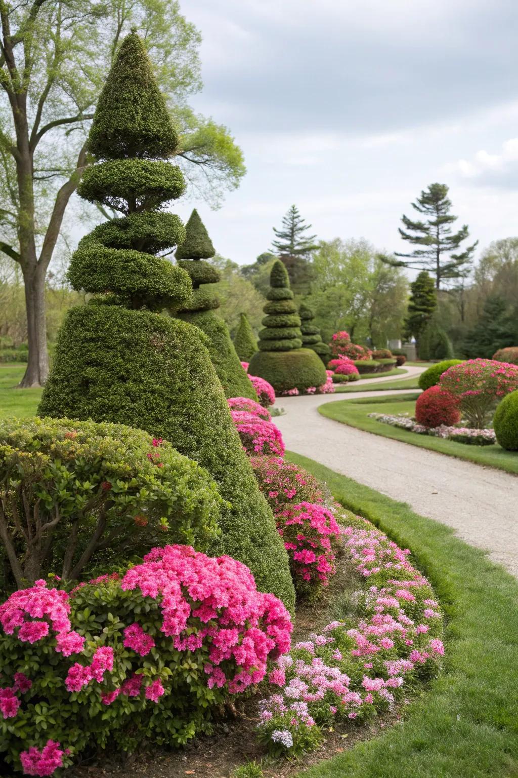 Incorporate artistic flair with azalea topiaries in your garden.