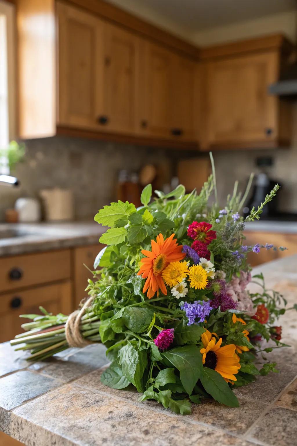 An edible arrangement adding fragrance and beauty to a rustic kitchen.
