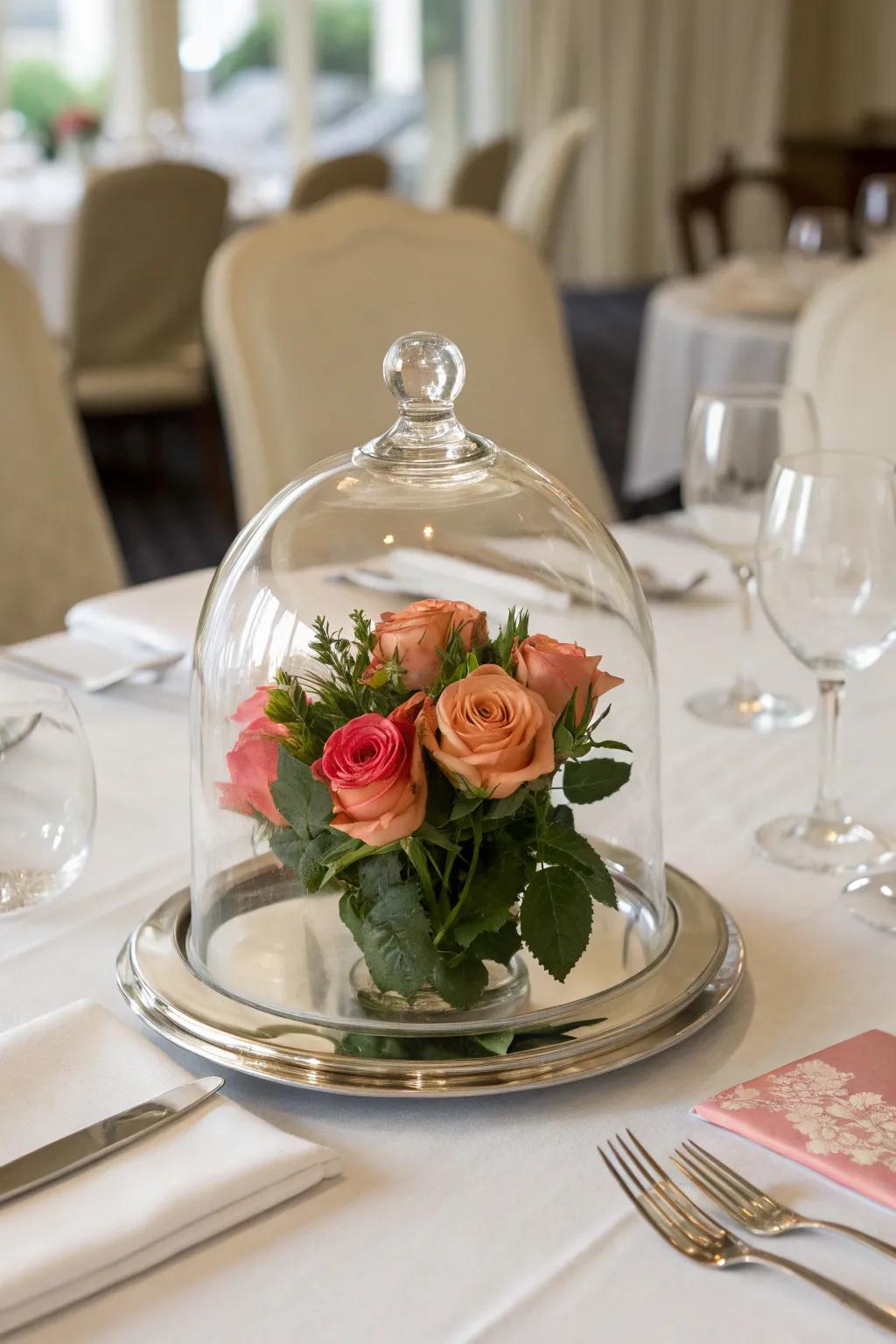 Preserve beauty and freshness using a glass dome flower display.
