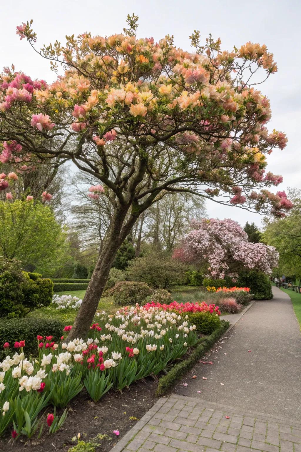 Seasonal blooms ensure this tree's flower bed is consistently a visual delight.
