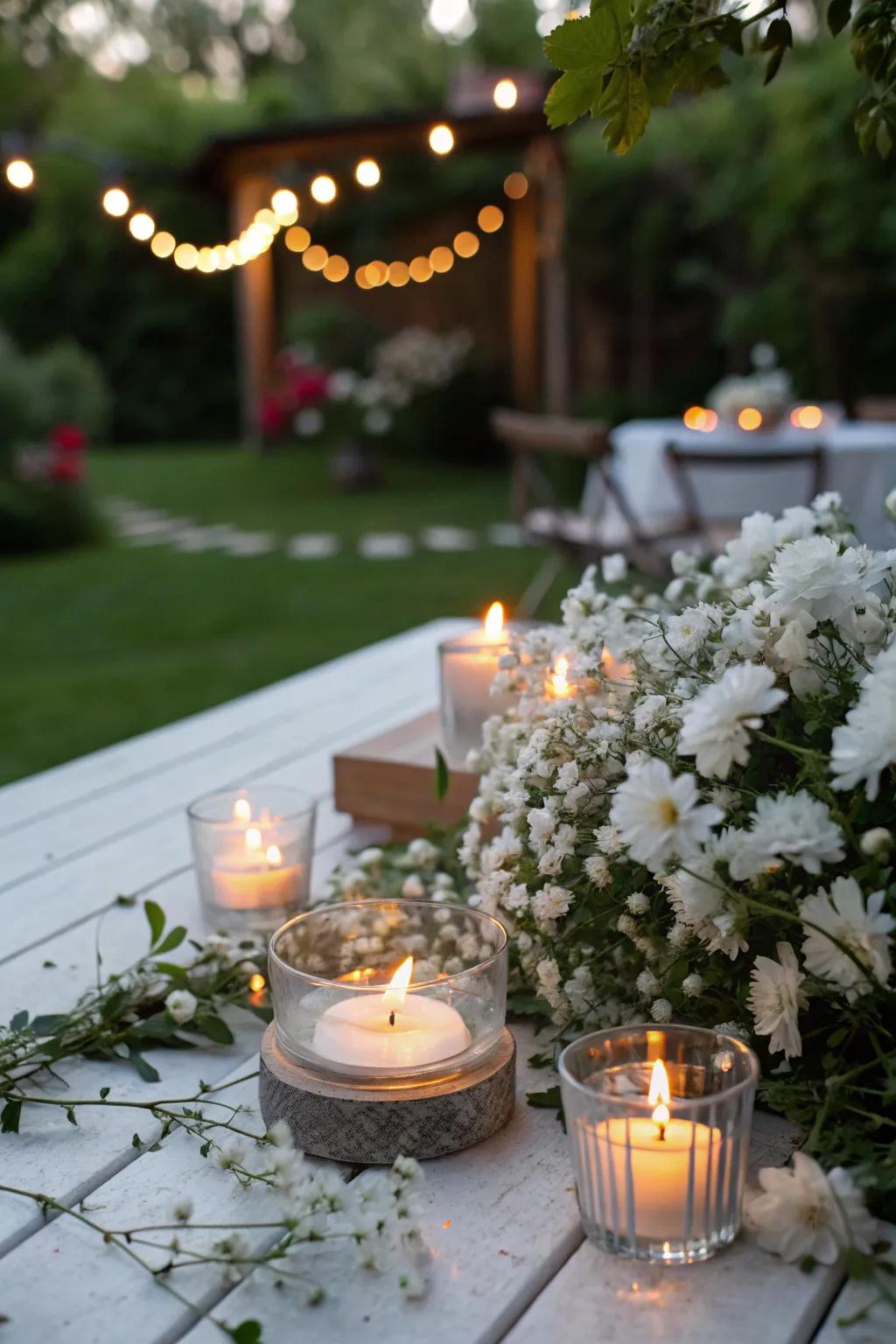 Ivory blossoms enhancing wax lights for outdoor gatherings.