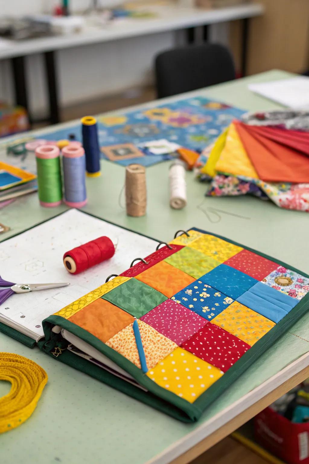 Material patchwork creates a warm, quilted effect.