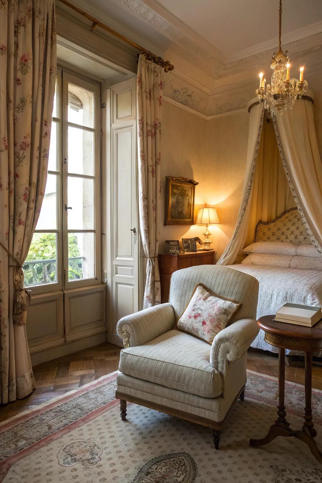A cozy reading nook encourages unwinding in this French bedroom.