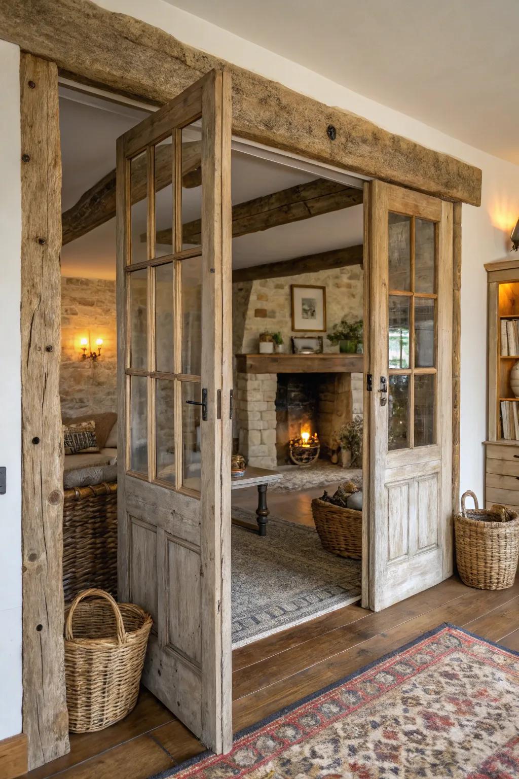 Rustic finishes bring a cozy charm to French doors.