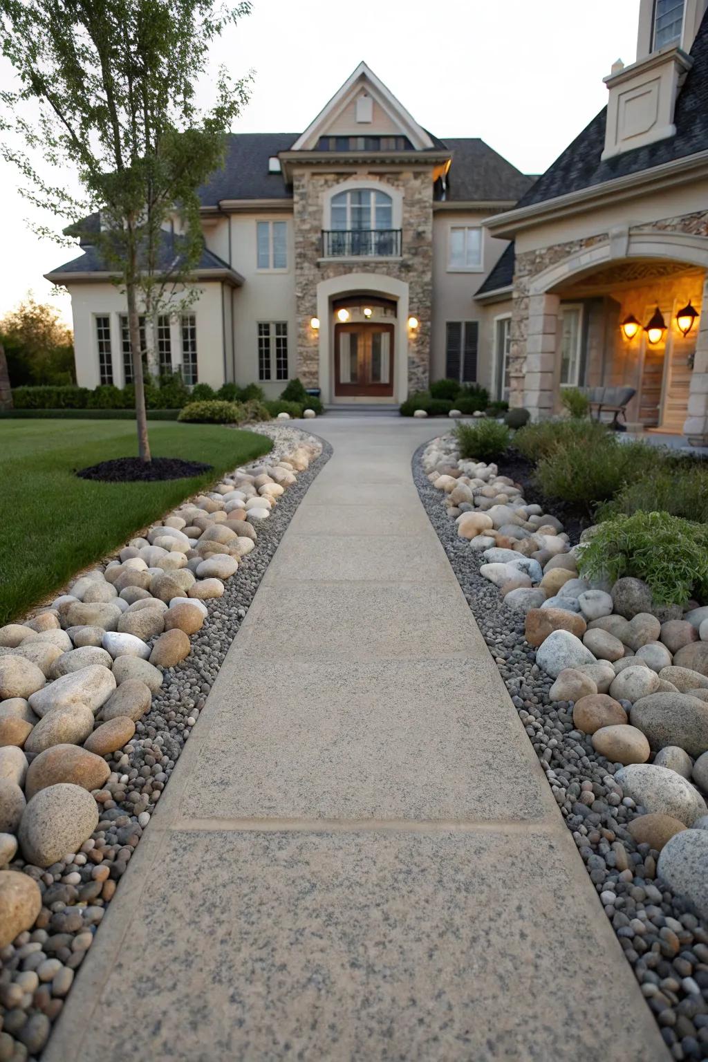Driveways are beautifully framed by river stones.
