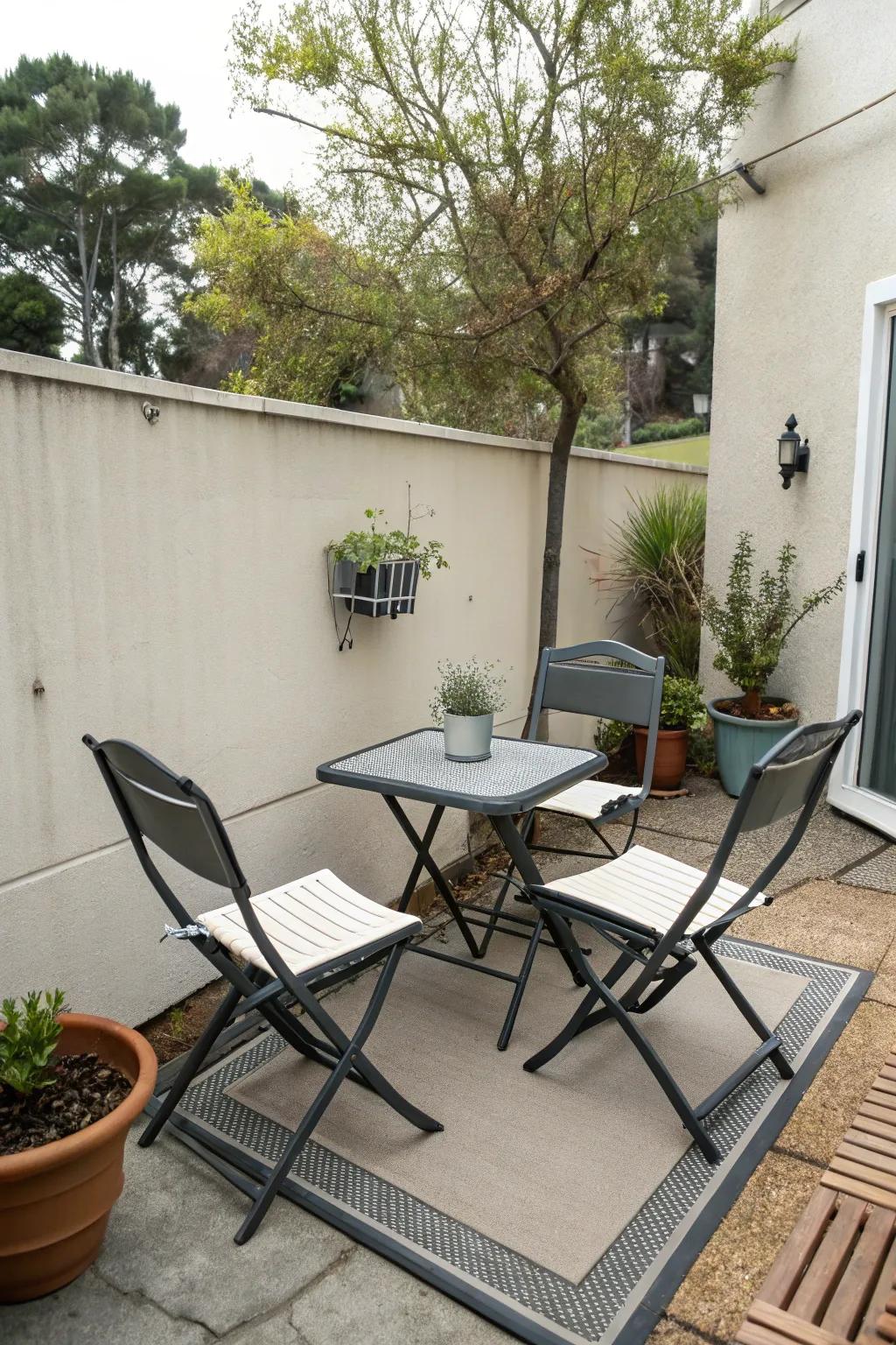 Folding furnishings provide convenience and adaptability for small spaces.